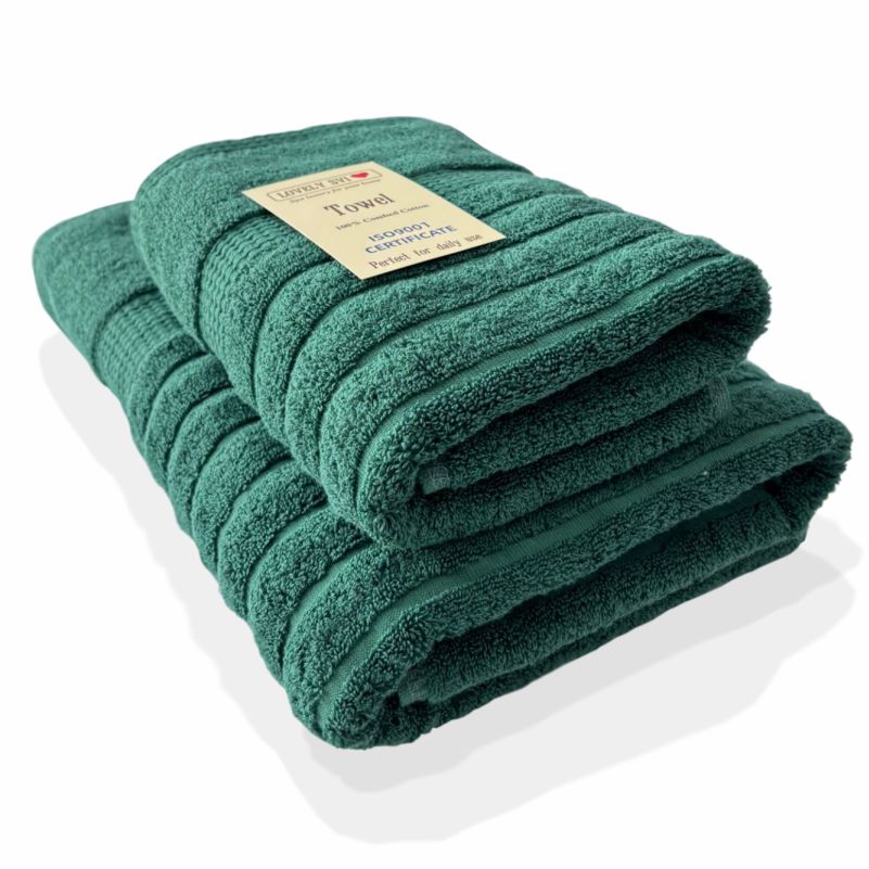 Набір 2 жакардові рушники Lovely Svi для ванної, готелів, СПА, на подарунок, 70 х 140 см і 50 х 90 см Oxford Stripe темно – зелений Hunter green 